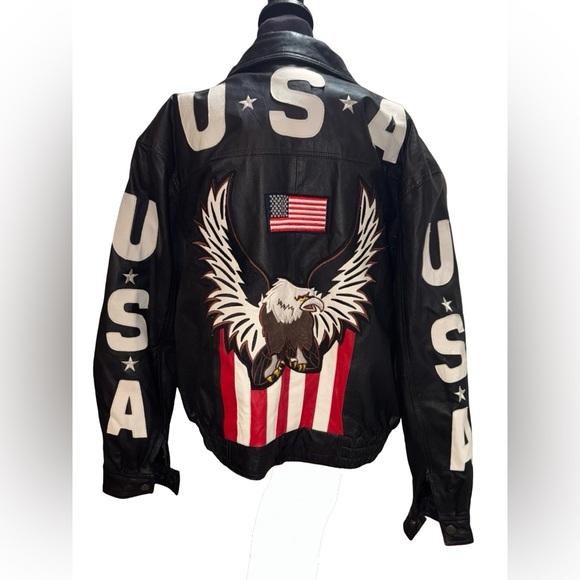 Vintage America Other - Interstate Motorcycle Jacket Mens L Buffalo Leather USA Flag Eagle Patches